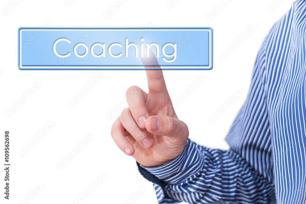 Coaching - Businessman pressing digital app icon Coaching - Businessman pressing digital app icon