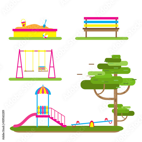 Children's playground with Swings, slide, sandbox, bench, teeter board. Kids playground. School Children's park. Buildings for city construction. Kindergarten Vector flat design illustration