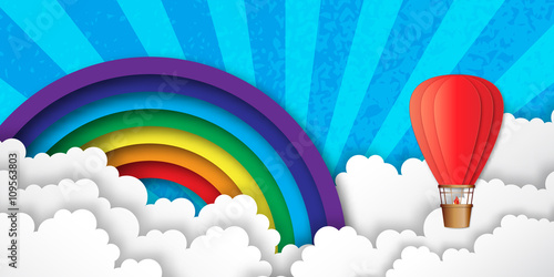 Origami Colorful hot air balloons on the blue sky with clouds. Paper Balloons fly to sky. Vector applique illustrations.
