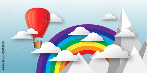 Origami Colorful hot air balloon on the blue sky with clouds,mountains peak and rainbow. Paper Balloon fly to sky. Vector applique illustrations.