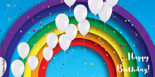 Realistic Colorful 3d Balloons fly to sky. Blue sky with origami clouds and rainbow. Happy Birthday Title. Vector applique illustrations.