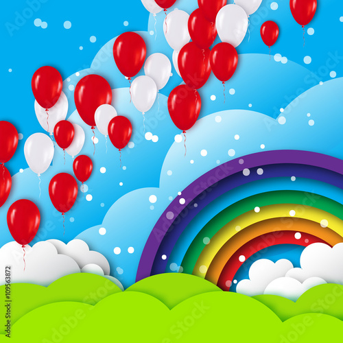Realistic Colorful 3d Balloons fly to sky. Blue sky with origami clouds and rainbow. Vector applique illustrations.