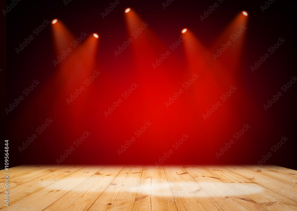 Red Stage Light On Wooden Floor Background Stock Photo 