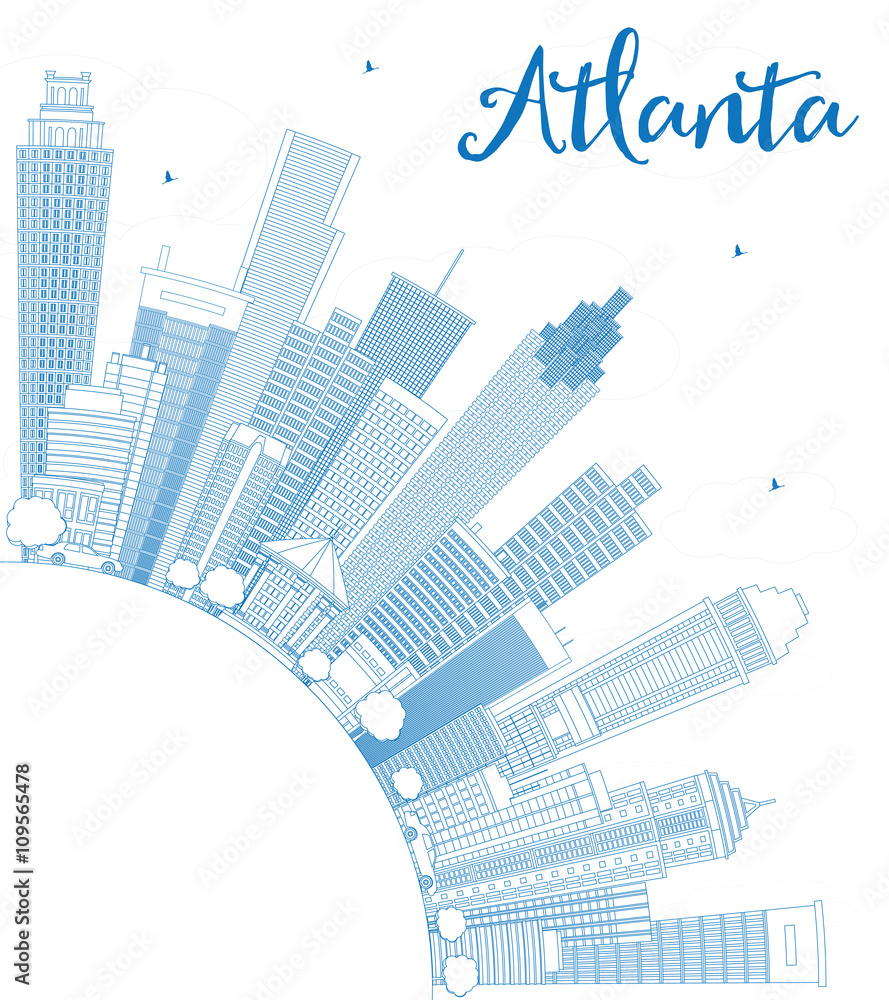 Outline Atlanta Skyline with Blue Buildings and Copy Space.