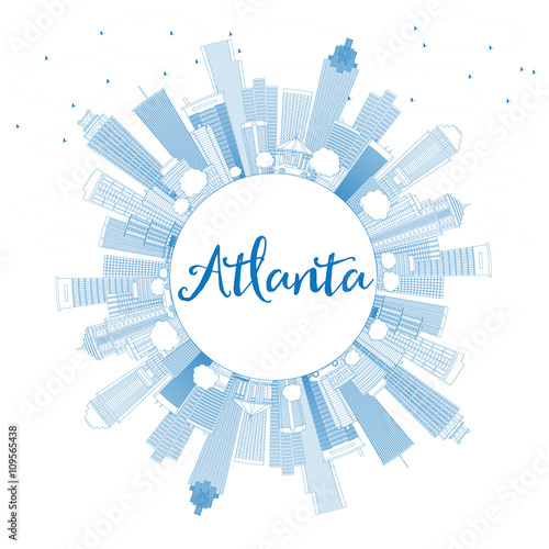 Outline Atlanta Skyline with Blue Buildings and Copy Space.