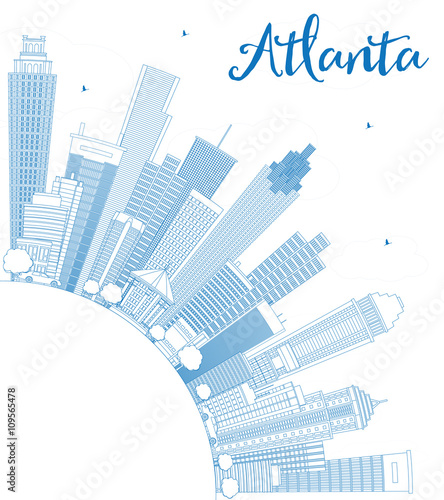Outline Atlanta Skyline with Blue Buildings and Copy Space.