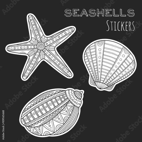 Black, white shell. Stickers isolated on black background. Sea life.