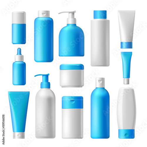 Cosmetic brand template. Vector packaging. Oil, lotion, shampoo. Realistic bottle mock up set. Isolated pack on white background. 
