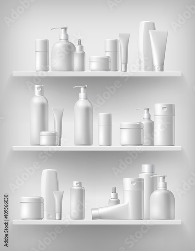 Cosmetic brand template. Vector packaging. Oil, lotion, shampoo. Realistic bottle mock up set. Isolated pack on the shelf.