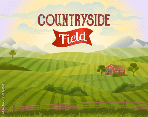 Meadow landscape. Green grass. Countryside. Rural area. Fields. Village background. Farming life. Vector illustration in cartoon style.
