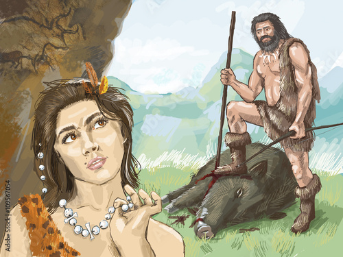Fotografie primitive woman looking with interest in the primitive hunter