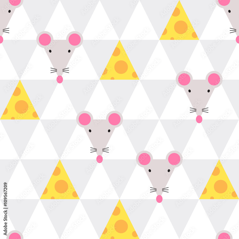 Mouse and cheese. Seamless vector pattern. Cute geometric background. Mouse and cheese. Seamless vector pattern. Cute geometric background.