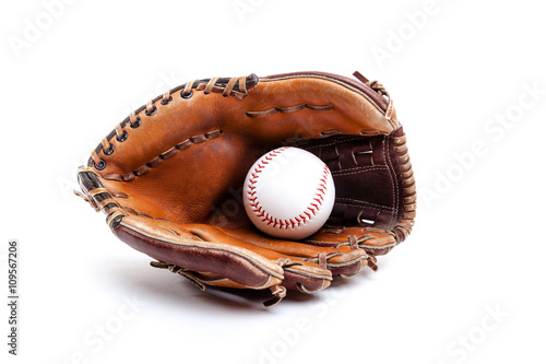 Fotografía Leather Baseball or Softball Glove With Ball Isolated on White