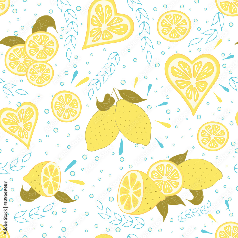 Fruit seamless hand drawn pattern with fresh yellow lemon and leaves. Fruit seamless hand drawn pattern with fresh yellow lemon and leaves.