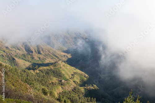 Barranco de Benchijigua on the Canary island La Gomera in clouds, which were formed above regions within trade wind. The clouds comes from the Azores and reaches the Islands in approx. 800m altitude © ksl