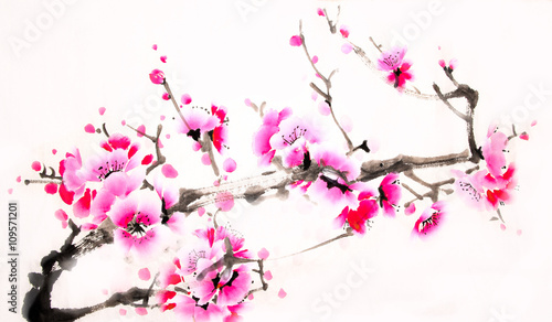 Chinese watercolor cherry painting