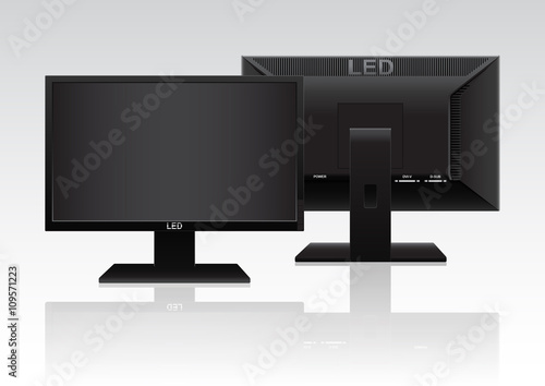 Front and Back of High Definition LED Monitor isolated on white background. Vector Illustration.