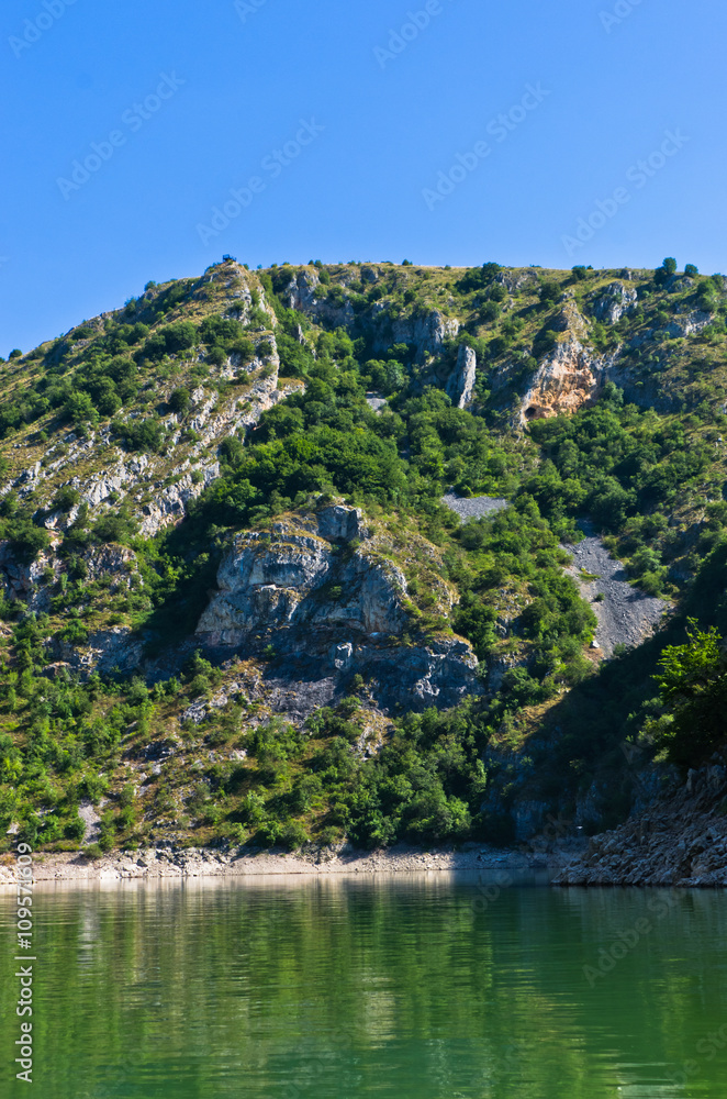 Rocky landscape of river Uvac gorge at sunny summer morning, southwest Serbia