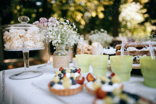Delicious wedding reception candy bar Dessert table for a wedding outdoor party. Ombre cake, cupcakes, sweetness and flowers