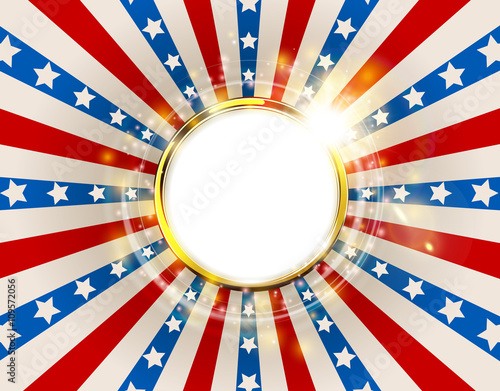 Patriotic background United States of America with sparks. USA flag color round frame. American Memorial Day and Independence Day golden ring concept vector design