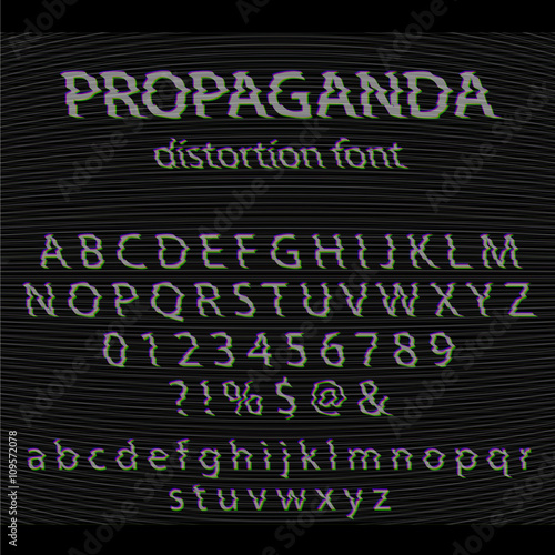 Vector Glitch alphabet. Letter and numbers. Glitched typeface with noise background. Distortion font set interference effect. Vintage analog TV text effect.