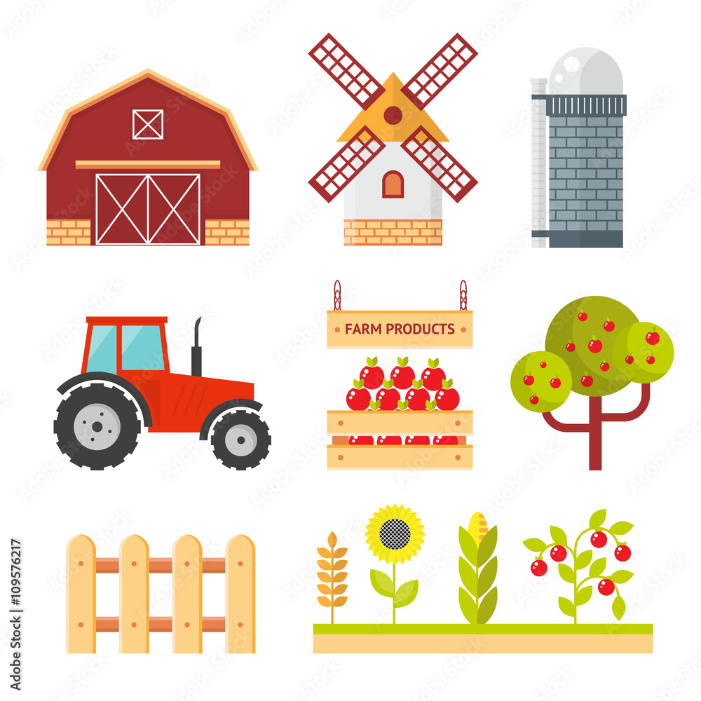 Farm flat vector set. Isolated farm elements on white background.  agriculture farm house and tractor. Farm food, farm object