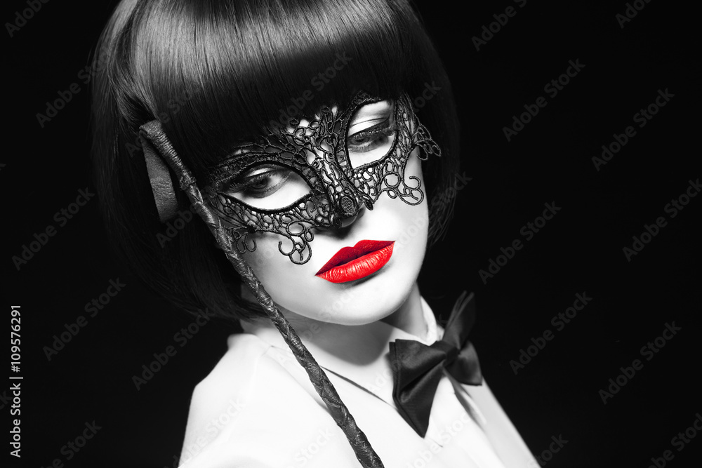 Sexy woman with red lips and whip selective coloring Sexy woman with red lips and whip selective coloring