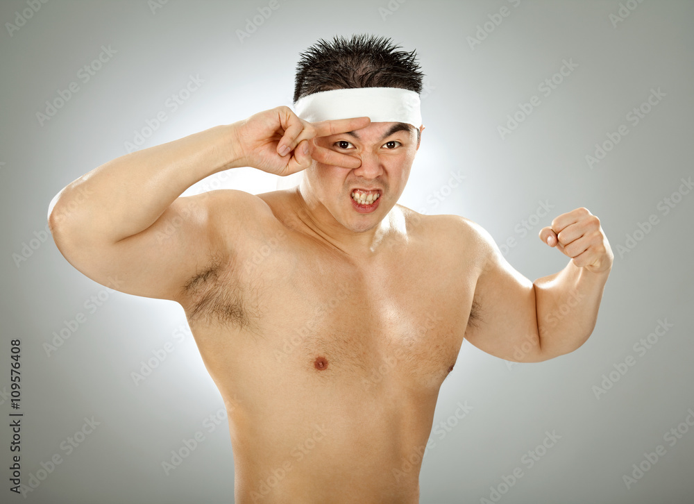 Fototapeta premium asian body builder naked show muscle on grey background