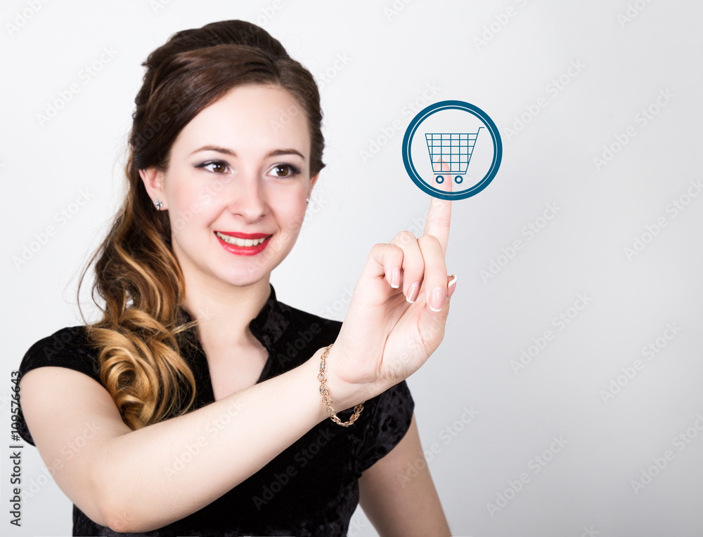 technology, internet and networking concept. beautiful woman in a black business shirt. woman presses shopping button on virtual screens technology, internet and networking concept. beautiful woman in a black business shirt. woman presses shopping button on virtual screens