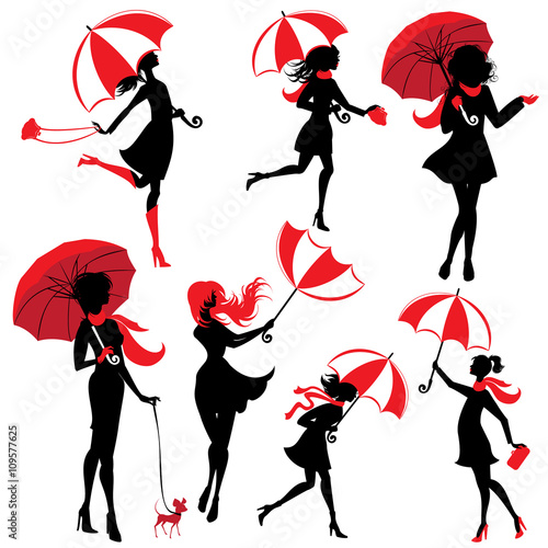 Set of girls silhouettes with umbrellas, isolated on white backg