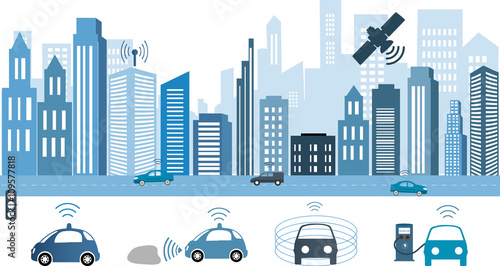Traffic and wireless network, Intelligent Transport Systems. Autonomous Driverless Car.Automobile sensors use in self-driving cars Electric car charging at the charger station. 