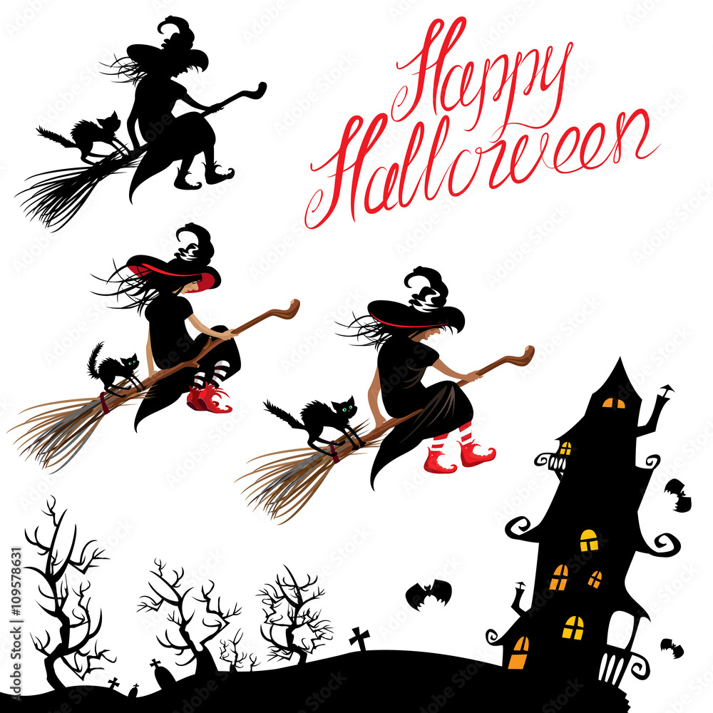 Set of Halloween elements - witch sillouette and black cat flyin Set of Halloween elements - witch sillouette and black cat flyin