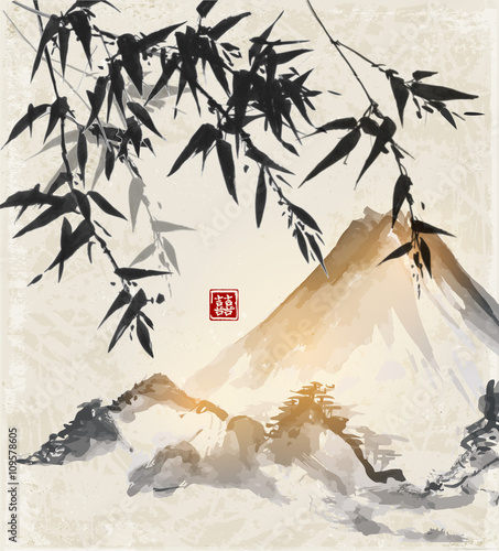 Bamboo and mountains. Traditional Japanese ink painting sumi-e. Contains hieroglyph - double luck.