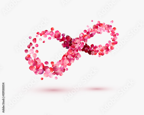 Infinity love Symbol of rose petals on a white background