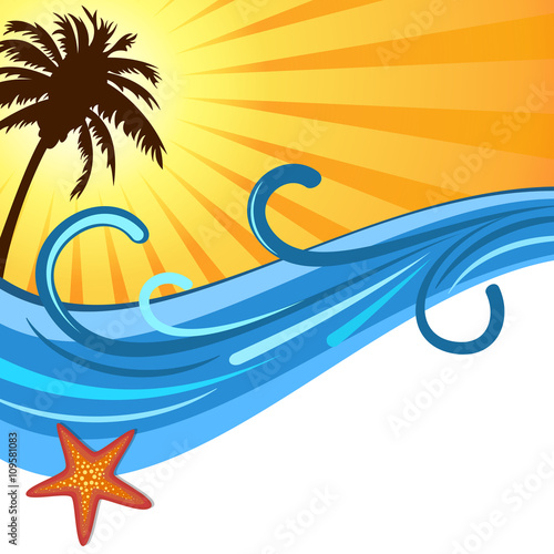 Summer ocean waves and sunset with palm tree background design