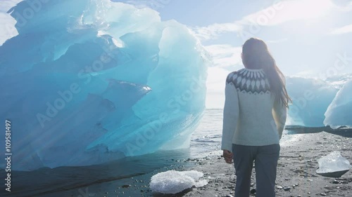 Iceland, Jokulsarlon Iceberg beach / Ice beach. People looking at icebergs on breidamerkursandur beach by jokulsarlon glacial lagoon, Vatnajokull National Park landscape. RED EPIC, 96 FPS, SLOW MOTION