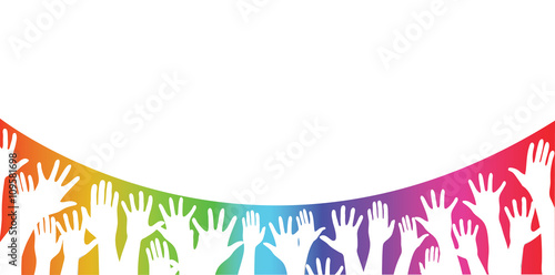 all hands together and rainbow background
