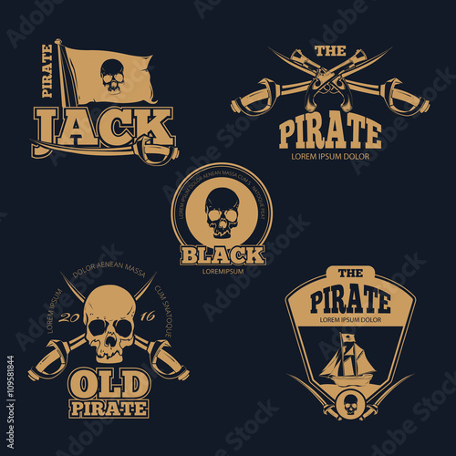 Retro piratical color logo, labels and badges. Vintage vector collection