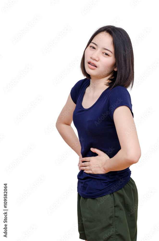 Young Asian woman with stomachache over white Young Asian woman with stomachache over white