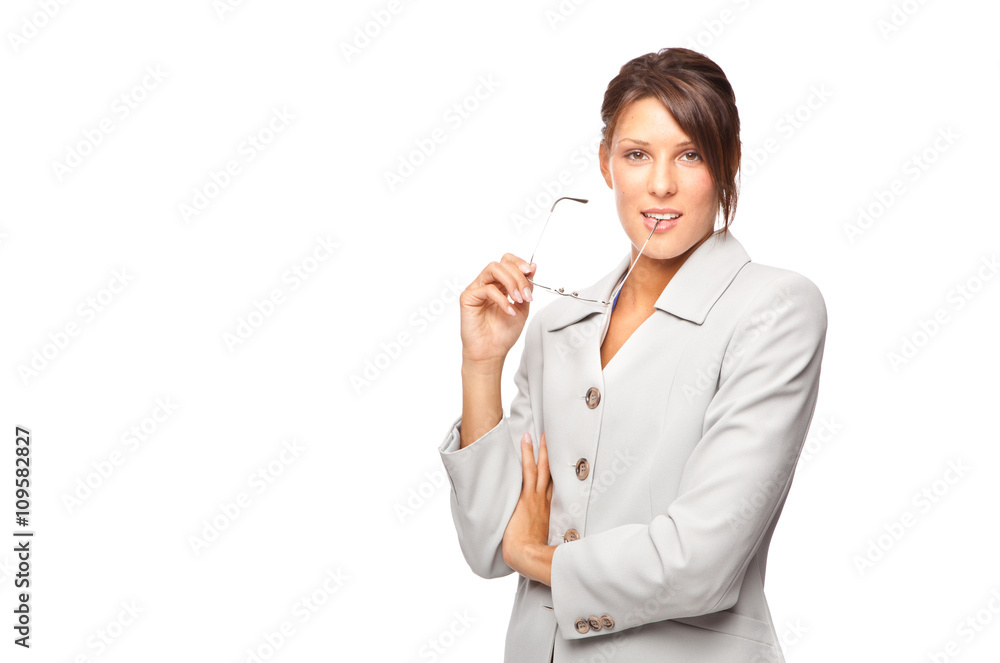 beautiful young businesswoman with coat and glasses isolated on white beautiful young businesswoman with coat and glasses isolated on white