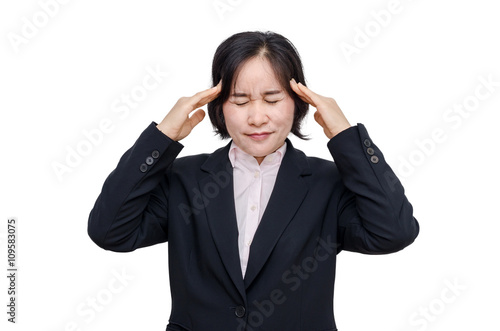 Middle aged asian woman with headache over white background