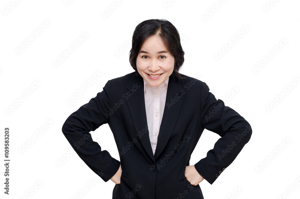 Middle aged asian woman smiles over white background Middle aged asian woman smiles over white background