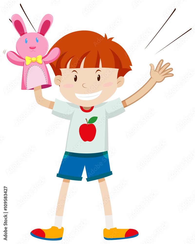 Little boy playing rabbit puppet Little boy playing rabbit puppet
