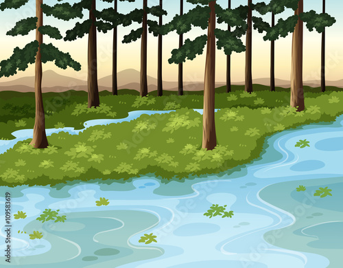Nature scene with forest and river