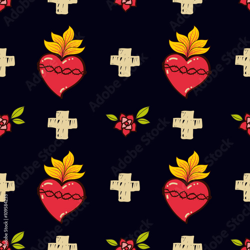 Sacred Heart, cross, rose seamless pattern old schooll tattoo style. 