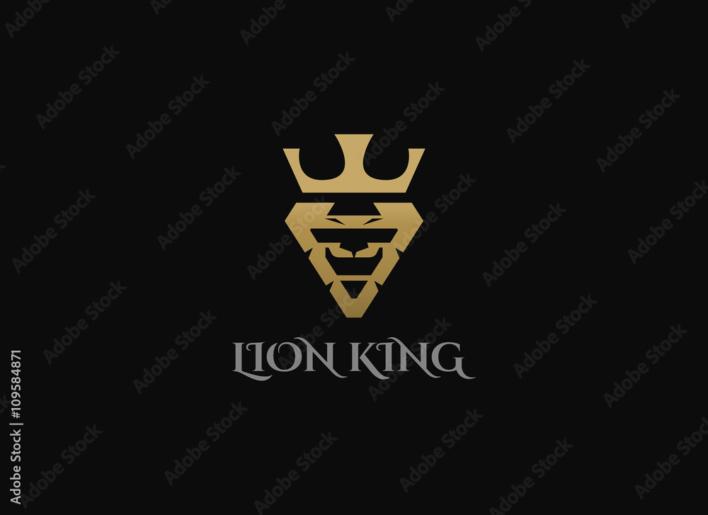 Lion logo design template. Lion face shield crown vector logotype.