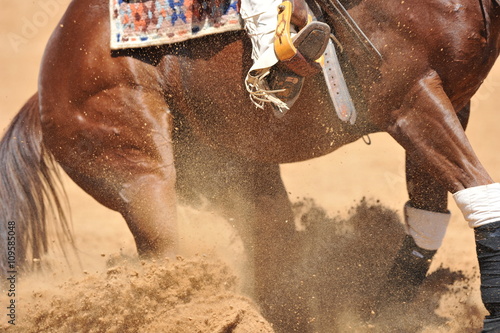 A close up view of a rider boot and spur in the stirrup during the horse stopping