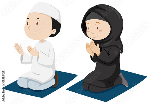 Muslim couple praying on mattress