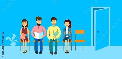 Asian Business People Group Sitting In Line Queue Door Asia Businesspeople