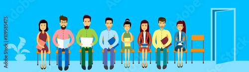 Asian Business People Group Sitting In Line Queue Door Asia Businesspeople Banner